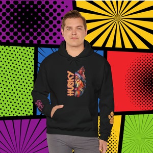 Husky Love PopArt Hoodie, Comfy Colorful Cartoon Husky Hoody with Cute Wrist Decals, Husky Dog Gift Idea, Husky Dog Art Cozy Hoodie