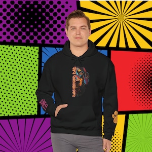 Dachshund Dad Love PopArt Hoodie, Comfy Colorful Cartoon Dotson Weiner Dog Hoody with Cute Wrist Decals, Dachshund Dog Dad Gift Idea