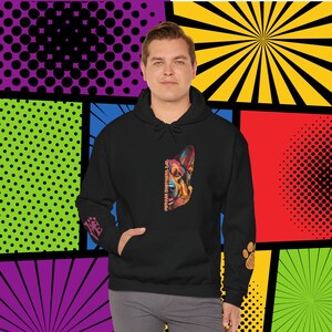 German Shepherd Dad Love PopArt Hoodie, Comfy Colorful Cartoon X Hoody with Cute Wrist Decals, German Shepherd Dog Dad Gift Idea