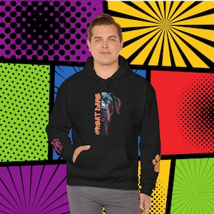 Gran danés amor sudadera con capucha PopArt, cómoda sudadera con capucha danés de dibujos animados coloridos con lindas calcomanías de muñeca, idea de regalo de perro gran danés, sudadera con capucha acogedora danés amor