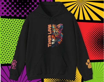 Tiger Love PopArt Hoodie, Comfy Colorful Cartoon Tiger art Hoody with Cute Wrist Decals, Cozy Tiger Art Gift Idea, Adorable Tiger Sweater