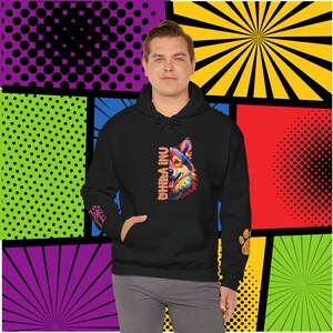 Shiba Inu Love PopArt Hoodie, Comfy Colorful Cartoon Shiba Inu Hoody with Cute Wrist Decals, Shiba Inu Dog Mom Gift Idea, Cozy Shiba Love