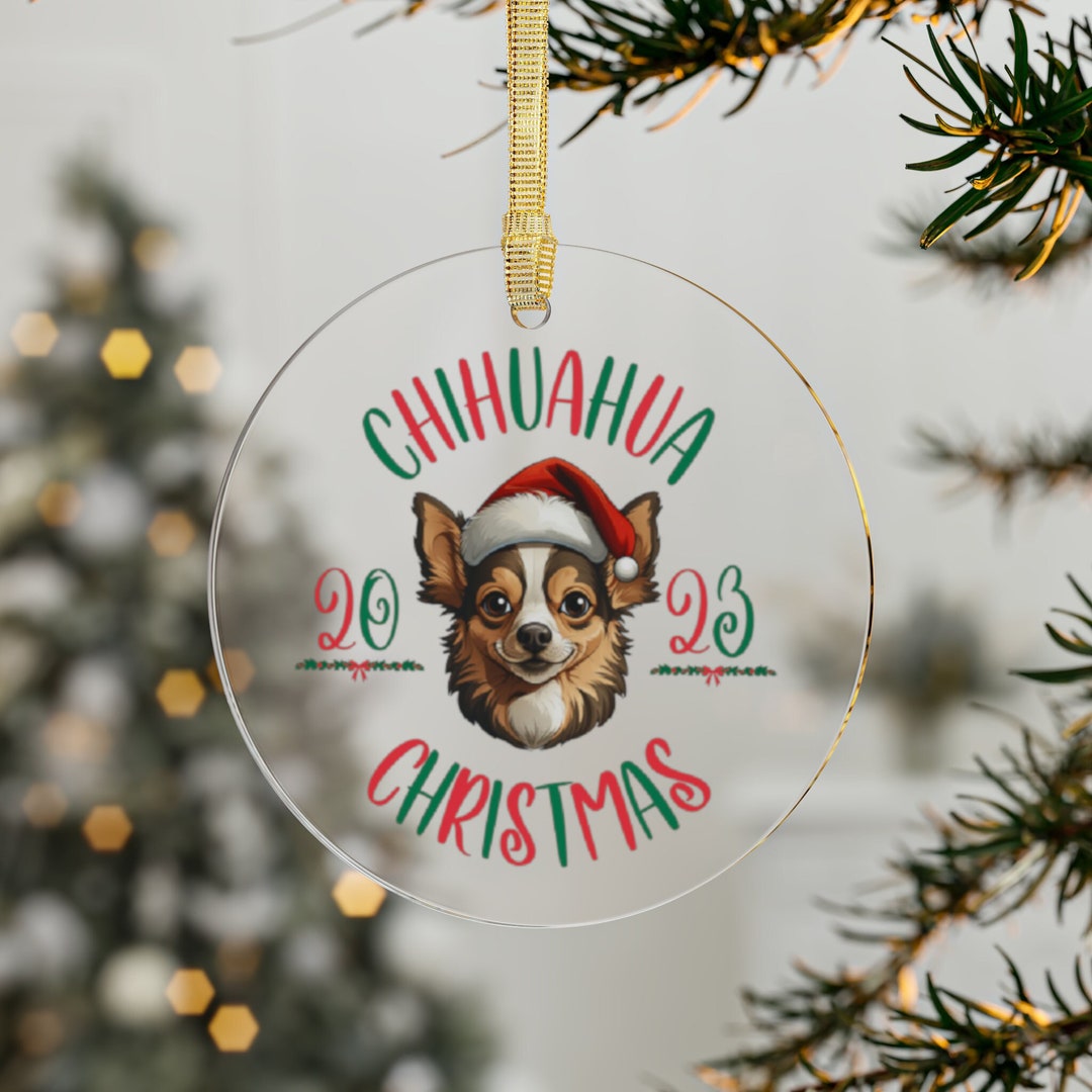 Chihuahua Christmas Ornament, Round Acrylic Chi Wearing a Santa Hat
