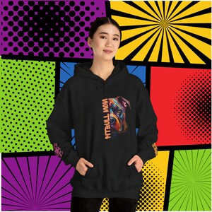 Pitbull Mom Love PopArt Hoodie, Comfy Colorful Cartoon Pittie Dog Hoody with Cute Wrist Decals, Pitbull Dog Mom Gift Idea, Pit Bull Mom
