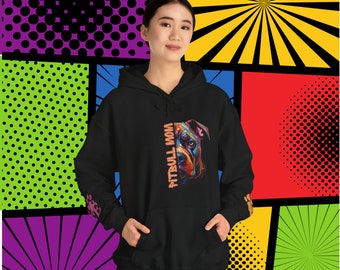 Pitbull Mom Love PopArt Hoodie, Comfy Colorful Cartoon Pittie Dog Hoody with Cute Wrist Decals, Pitbull Dog Mom Gift Idea, Pit Bull Mom
