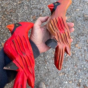 Chainsaw carved wooden cardinal. Hand painted yard art Redbird statue.