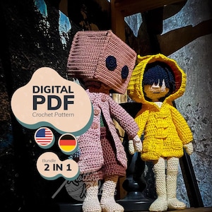 Bundle Häkelanleitung – kleines Mädchen mit Regenmantel + Junge mit Papiermaske – Puppe Amigurumi PDF (US-Begriffe + Deutsch)