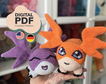 かぎ針編みパターン - かわいい翼のあるモンスターのあみぐるみ、かわいいアニメ風ファンタジークリーチャー PDF (米国式 + ドイツ語式)