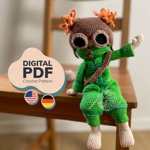Schema all'uncinetto - Bambina con salopette - Bambola Amigurumi PDF (Terminologia USA + tedesco)