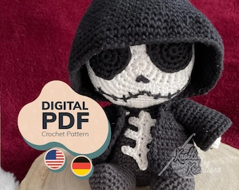 Crochet Pattern - Grim Reaper, Halloween Skull Amigurumi, Spooky Gothic Doll - PDF (US Terms + GER)