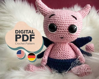 Crochet Pattern - Little Devil Amigurumi, Cute Demon, Spooky Halloween Creature PDF (US Terms + GER)