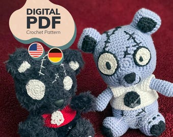 Crochet Pattern - Horror Teddy Bear Amigurumi, Creepy Cute Halloween Bear (US Terms + GER)