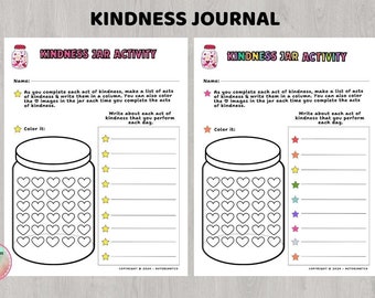 May include: Two printable kindness jar activity sheets with a black and white outline of a jar filled with hearts. The sheets include instructions to color the hearts and write about acts of kindness.