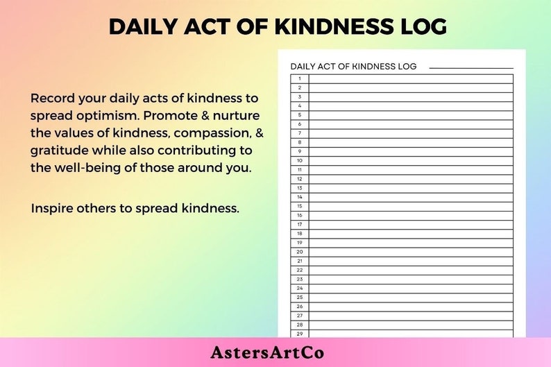 Daily Act of Kindness Log: Printable Digital Instant Download - Etsy Canada
