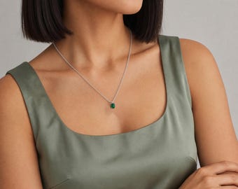 Dainty Birthstone Personalized Necklace, Emerald Cut Birthstone Pendant, 14K Solid Gold Necklace,Christmas Gift for Her,Mom Gift,Birth stone