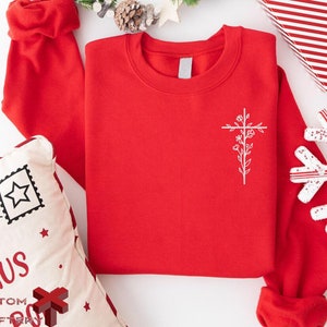 Embroidered Floral Cross Sweatshirt, Christian Crewneck Sweatshirt, Floral Cross Pullover, Faith Based Sweaters, Embroidery Christmas Gift