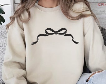 Cute Bow Embroidered Sweatshirt, Embroidered Bow Ribbon Trendy Sweatshirt, Coquette Embroidery, Girly Sweater,Gift for Her, Women Sweatshirt
