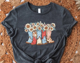 Sunflower 4th of July Shirt,Western Boots Shirt,Retro 4th of July Gift,Howdy 4th of July,Patriotic Western American Shirt,American Girl Gift