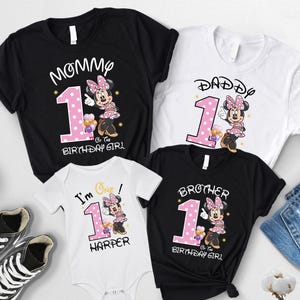 Personalized 1st Birthday Girl Shirt, Baby Shower Gifts, Family Matching Minnie Bdays Tee, Mommy Daddy Brother T-Shirt, Custom Name Bodysuit