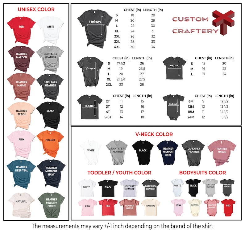 Pu&ograve; includere: Un grafico che mostra le opzioni di colore delle t-shirt e le misure delle taglie in centimetri. I colori includono rosso, bianco, nero e varie tonalit&agrave; melange. Le taglie vanno da 6M a 4XL, con misure di petto e lunghezza.