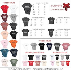 May include: A chart displaying t-shirt color options and size measurements in inches. Colors include red, white, black, and various heather shades. Sizes range from 6 months to 4XL, with chest and length measurements provided.