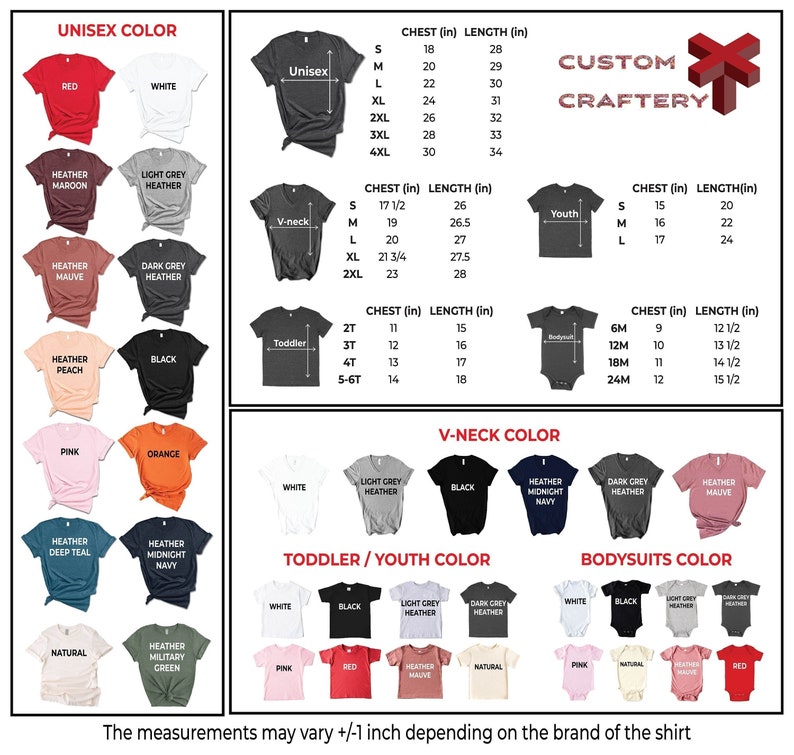May include: A chart displaying t-shirt color options and size measurements in inches. Colors include red, white, black, and various heather shades. Sizes range from 6 months to 4XL, with chest and length measurements provided.