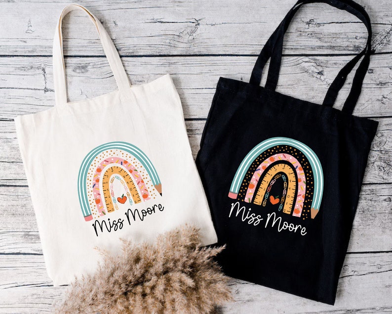 Personalized Rainbow Teacher Tote Bag, School Leaving Gift, Boho ...
