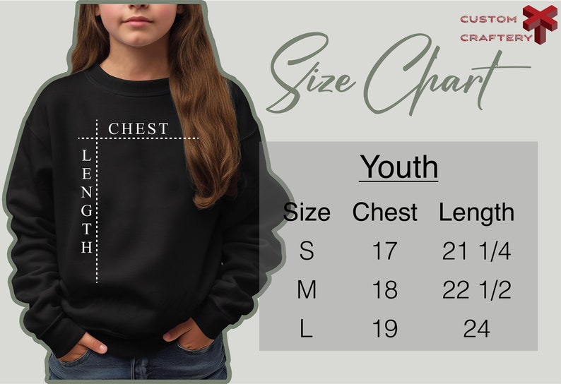 May include: Size chart for youth sweatshirts, showing chest and length measurements in inches. Sizes include S, M, and L.  The chart shows measurements for a youth sweatshirt in sizes small, medium, and large.