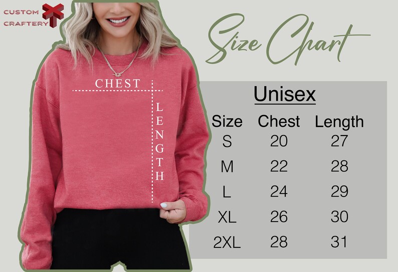 May include: Unisex size chart for a sweatshirt. The chart shows chest and length measurements in inches for sizes S, M, L, XL, and 2XL.