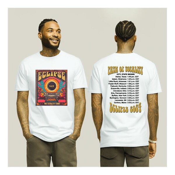 Solar Eclipse 2024 Double-Sided Shirt,Retro Path of Totality Cities on Back Tee,Countdown to Totality,April 8th 2024 Eclipse Event Matching