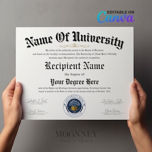 University Diploma, College Diploma, College Degree Template, Editable on Canva, Printable Certificate With Seal Digital Download