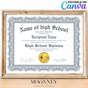 Editable High School Diploma, Home School Diploma, Editable Template on Canva, Printable Certificate With Gold Seal Digital Download