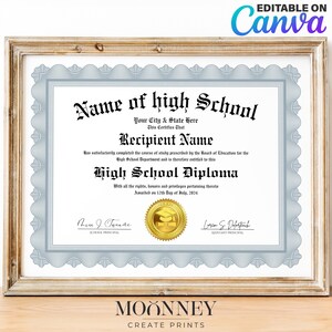 Editable High School Diploma, Home School Diploma, Editable Template on Canva, Printable Certificate With Gold Seal Digital Download