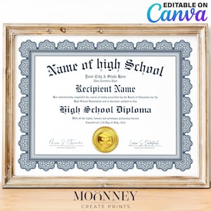 Diploma de escuela secundaria, Diploma de escuela en casa, plantilla editable en Canva, certificado imprimible con descarga digital de sello de oro