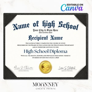 Home School Diploma, High School Diploma, Editable Template on Canva, Printable Certificate With Gold Seal Digital Download