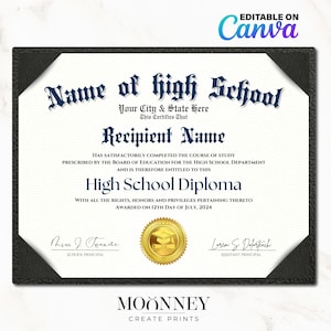 Home School Diploma, High School Diploma, Editable Template on Canva, Printable Certificate With Gold Seal Digital Download