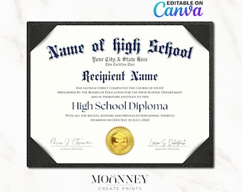 Home School Diploma, High School Diploma, Editable Template on Canva, Printable Certificate With Gold Seal Digital Download