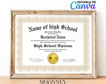 Editable High School Diploma, Home School Diploma, Editable Template on Canva, Printable Certificate With Gold Seal Digital Download