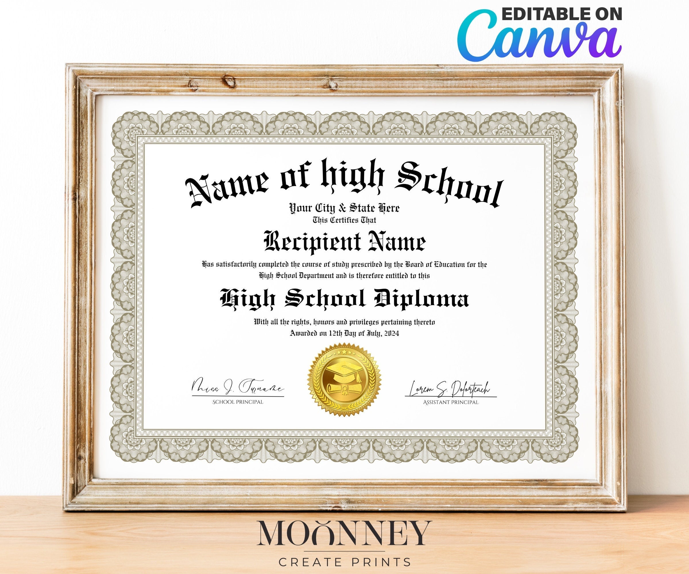 Home School Diploma, High School Diploma, Editable Template on Canva, Printable Certificate With Gold Seal Digital Download