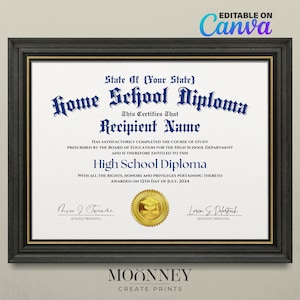 Diploma de escuela en casa, Diploma de escuela secundaria, plantilla editable en Canva, certificado imprimible con descarga digital de sello de oro