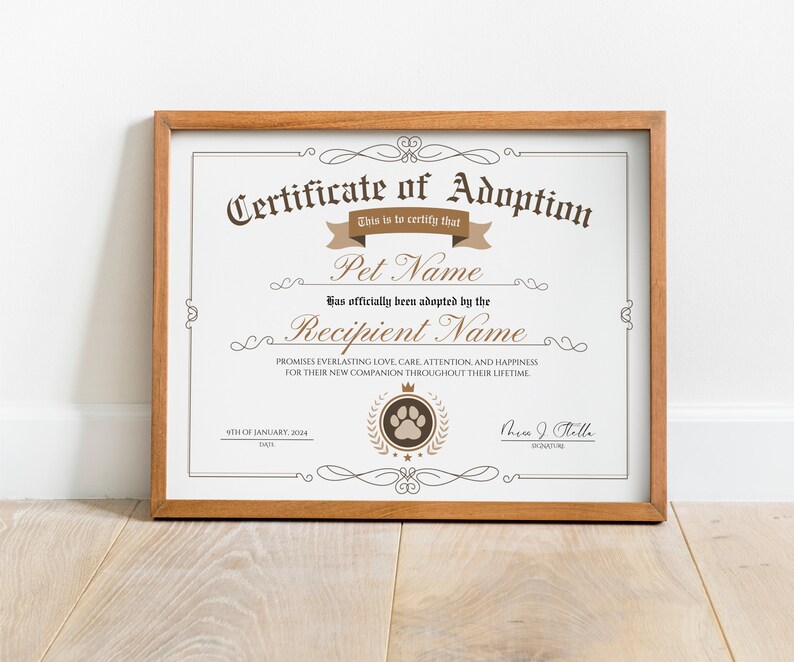Adopt Signature Editable Pet Adoption Certificate Template (digital Download) - Etsy