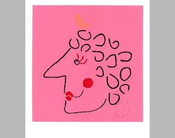 May include: A pink background with a black line drawing of a person's face with a red nose and mouth. The person has a black curly hairstyle with a small orange bird on top.