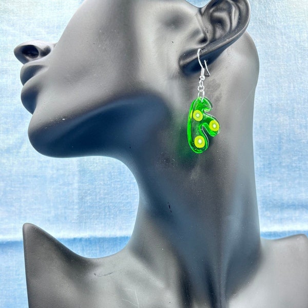 Green Uniquely Shaped Resin Dangly Earrings with Green Clay Polymer Lime Slices || Cute and Playful Jewelry || Handmade Resin Earrings