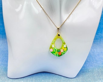Green and Yellow Resin Necklace with Easter Accents || Spring Chic Jewelry || Unique Statement Piece || Handmade Resin Jewelry