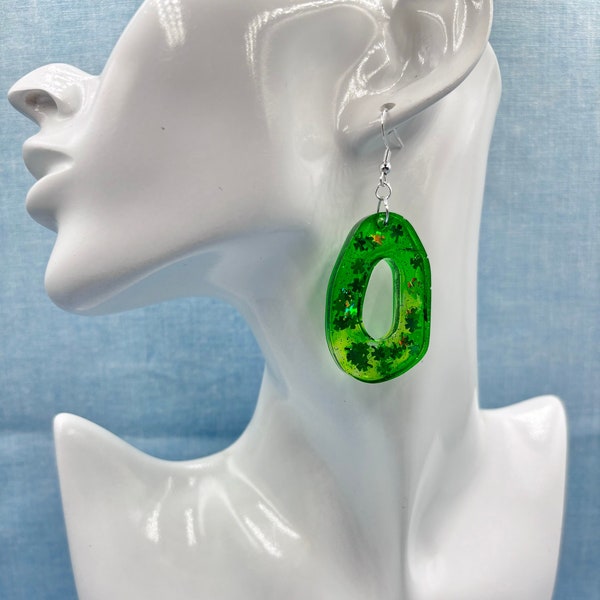 Funky Donut Shaped Green Sparkly Earrings with Shamrock Accents || Handmade Resin Jewelry || St. Patrick's Day Jewelry