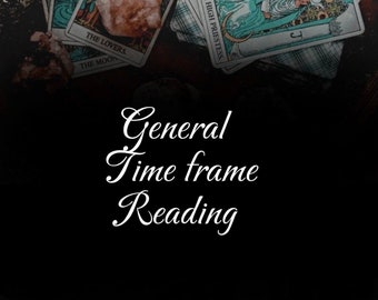 Peut inclure: Gros plan sur une lecture de cartes de tarot avec une bougie allumée et plusieurs cartes de tarot disposées sur une surface sombre. Les cartes comprennent Les Amoureux, La Lune et La Grande Prêtresse. Le texte "Lecture du calendrier général" est écrit en cursive blanche.