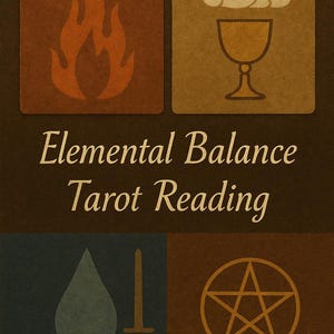 Op de afbeelding: Een tarotkaartontwerp met vier kwadranten, elk met een symbool: een vlam, een kelk met wolken, een waterdruppel en een zwaard, en een pentagram. De tekst "Elemental Balance Tarot Reading" is gecentreerd.