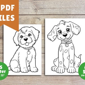 Puede incluir: Dos p&aacute;ginas para colorear imprimibles en blanco y negro con lindos perros de dibujos animados. La primera p&aacute;gina presenta un perro peque&ntilde;o y esponjoso con collar. La segunda p&aacute;gina presenta un d&aacute;lmata con manchas.