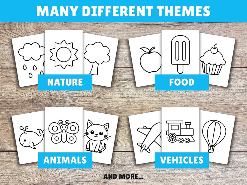 Puede incluir: Dibujos en blanco y negro de varios objetos agrupados por tema: naturaleza, comida, animales y veh&iacute;culos. Los temas est&aacute;n etiquetados en texto azul. El texto "MANY DIFFERENT THEMES" est&aacute; en la parte superior de la imagen. El texto "AND MORE..." est&aacute; en la parte inferior de la imagen.