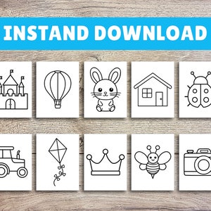 Puede incluir: Un conjunto de 10 p&aacute;ginas para colorear imprimibles en blanco y negro con ilustraciones simples de un castillo, un globo aerost&aacute;tico, un conejito, una casa, una mariquita, un tractor, una cometa, una corona, una abeja y una c&aacute;mara.
